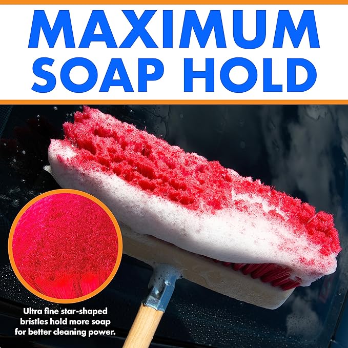 Hub City Industry 10- inch Car Wash Brush, Soft Nylon Bristle, car Accessories, Cleaning Supplies, Automotive wash Brush, Commercial Vehicle Scrub Brush, Flagged Red Poly Bristle