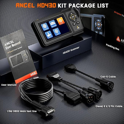 ANCEL HD430 Heavy Duty Truck Scanner, DPF Reset & Forced Regeneration for Cummins & Caterpillar Engine, Full System HDOBD Diesel Scanner OBD2 Diagnostic Scan Tool Code Reader for Diesel Trucks & Cars
