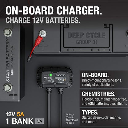 NOCO Genius GEN5X1: 1-Bank, 5A Onboard Battery Charger - 5A Per Bank, 12V Waterproof Marine Charger with Overcharge Protection & Temperature Compensation – for Lead-Acid & Lithium Batteries