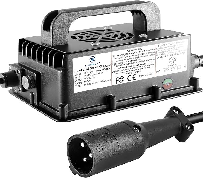 800W Lead Acid Battery Charger 48 Volt 15 AMP 3-Pin Round Plug Club Car Golf Carts