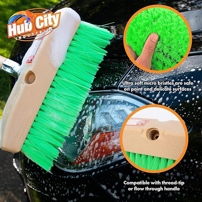 Hub City Industry 10- inch Car Wash Brush, Soft Nylon Bristle, car Accessories, Cleaning Supplies, Automotive wash Brush, Commercial Vehicle Scrub Brush, Flagged Green Poly Bristle