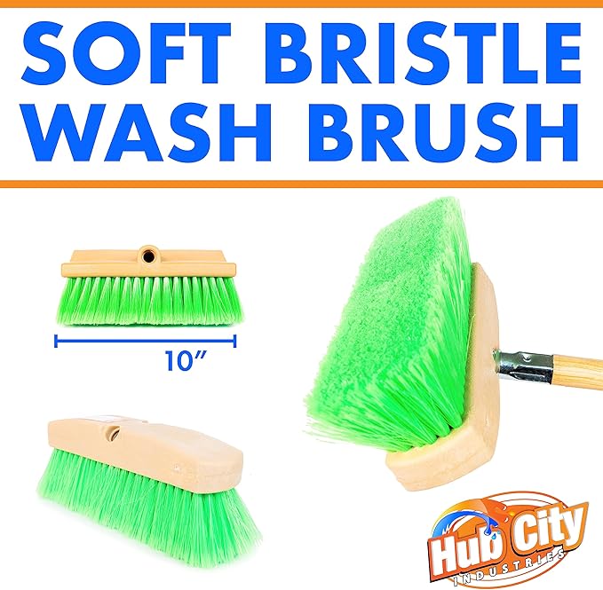 Hub City Industry 10- inch Car Wash Brush, Soft Nylon Bristle, car Accessories, Cleaning Supplies, Automotive wash Brush, Commercial Vehicle Scrub Brush, Flagged Green Poly Bristle