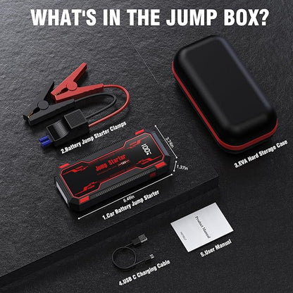 Car Jump Starter 6000A Car Battery Jump Starter Portable,12V Battery Jumper Starter Portable(10.0L Gas/8.0L Diesel),LCD Display Jump Box Jump Starter Battery Pack with Jumper Cables & Flashlight-Red