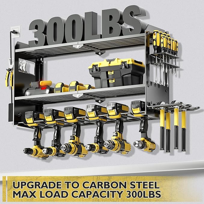 Power Tool Organizer Wall Mount with Charging Station, Cordless Drill and Battery Holder Shelf for Garage Organization,Heavy Duty Metal Tool Rack Storage, Load 300lbs, Built in 5 Outlet Power Strip