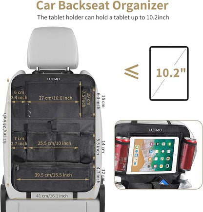 LUCMO Car Backseat Organizer with Touch Screen Tablet Holder-2 Pcs,9 Storage Pockets Car Storage Organizer, Protectors Kick Mats Travel Accessories for Kids-Black