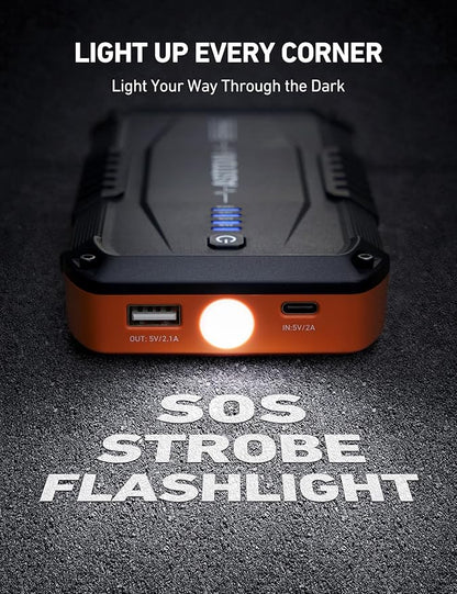 AstroAI S8 Mini Car Battery Jump Starter, 12V Portable Car Starter for Up to 6.0L Gas/3.0L Diesel Engine, Auto Battery Booster Pack, Lithium Jump Box with Jumper Cables & LED Light (Orange)