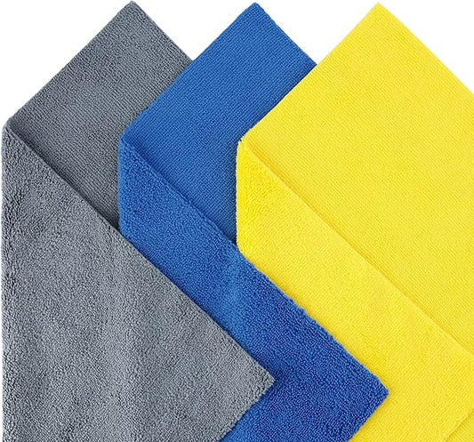 POLYTE Microfiber Cleaning Towel Ultrasonic Cut Edgeless (16x16, 24 Pack, Premium, Blue,Gray,Yellow)