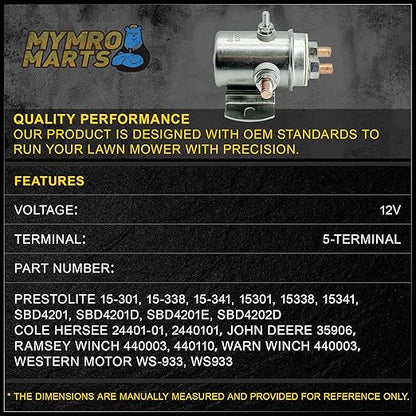 240-01009 Winch Motor Golf Cart Solenoid Compatible with/Replacement for 5 Term 12 Volt Hd 15-301, 15-338, 15-341, SBD4201, SBD4201D, SBD4201E, SBD4202D 440003, 440110