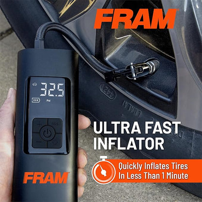 FRAM FEK40002 Portable Emergency Tire Inflator with 6000mAh Battery and 12V, 150PSI Air Pump for Car, Bike, Motor, Ball with Digital Tire Pressure Gauge with LED Light