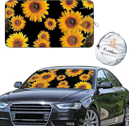 EcoNour Car Windshield Sun Shade with Pouch Bag (Sunflower) | Front Window Sun Protector for UV Rays | Car Interior Accessories Fits Small Sedans, Mini SUVs & Hatchbacks | Medium (64"x 32")