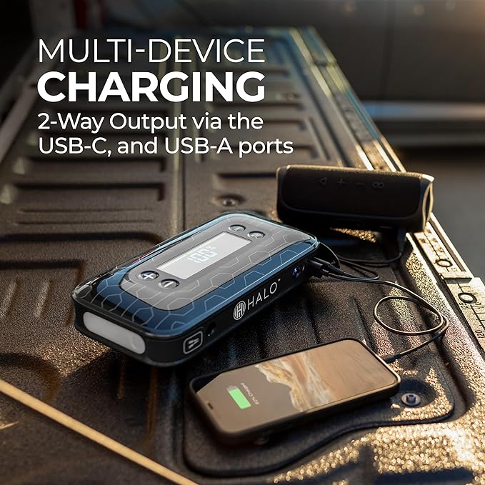 HALO Bolt Air+ 1750 Portable Car Battery Jump Starter | 130 PSI Air Compressor, 59.9Wh USB Power Bank, Large Display, Emergency Floodlight & Charger, Jumps Cars SUVs & Trucks, Inflates Tires — Blue