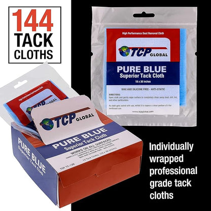 TCP Global Pure Blue Superior Tack Cloth, 144-Pack, Automotive & Woodworking, Dust/Stain/Paint Rags, Tac Cloth for Autobody