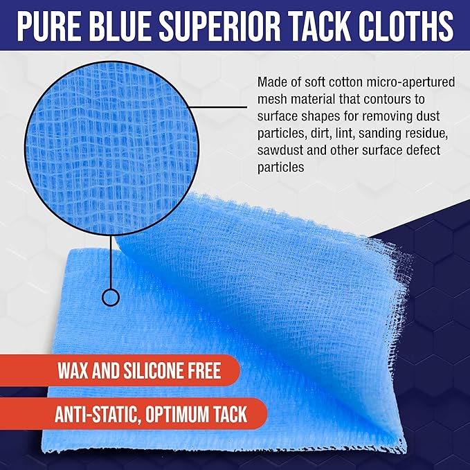 TCP Global - Pure Blue Superior Tack Cloths - Tack Rags (Box of 6) - Automotive Car Painters Professional Grade - Removes Dust, Sanding Particles, Cleans Surfaces - Wax and Silicone Free, Anti-Static