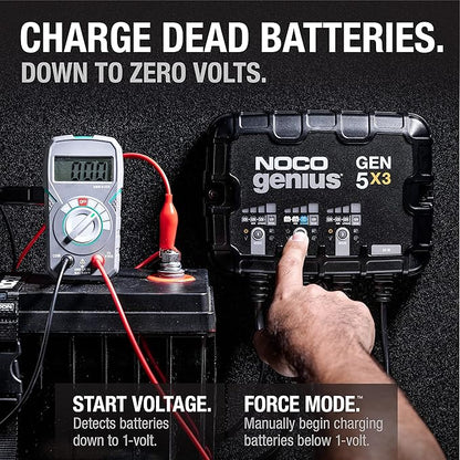 NOCO Genius GEN5X3: 3-Bank, 15A Onboard Battery Charger - 5A Per Bank, 12V Waterproof Marine Charger with Overcharge Protection & Temperature Compensation – for Lead-Acid & Lithium Batteries