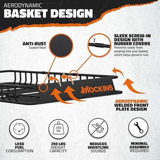 Mockins 64"x39"x6" Heavy Duty Roof Rack Cargo Carrier for Top of Vehicle w/ 20 CuFt Waterproof Rooftop Cargo Bag | 250Lbs Cap Extendable Roof Basket Luggage Rack for SUV, Car, RV & Van w/Accessories