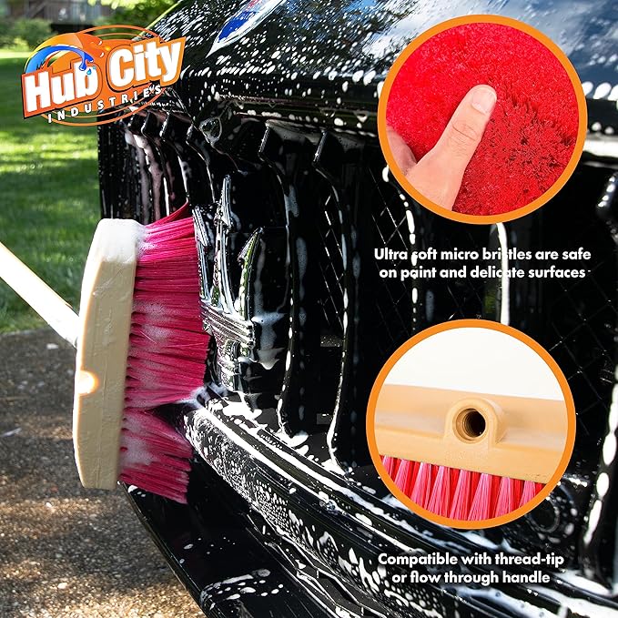 Hub City Industry 10- inch Car Wash Brush, Soft Nylon Bristle, car Accessories, Cleaning Supplies, Automotive wash Brush, Commercial Vehicle Scrub Brush, Flagged Red Poly Bristle