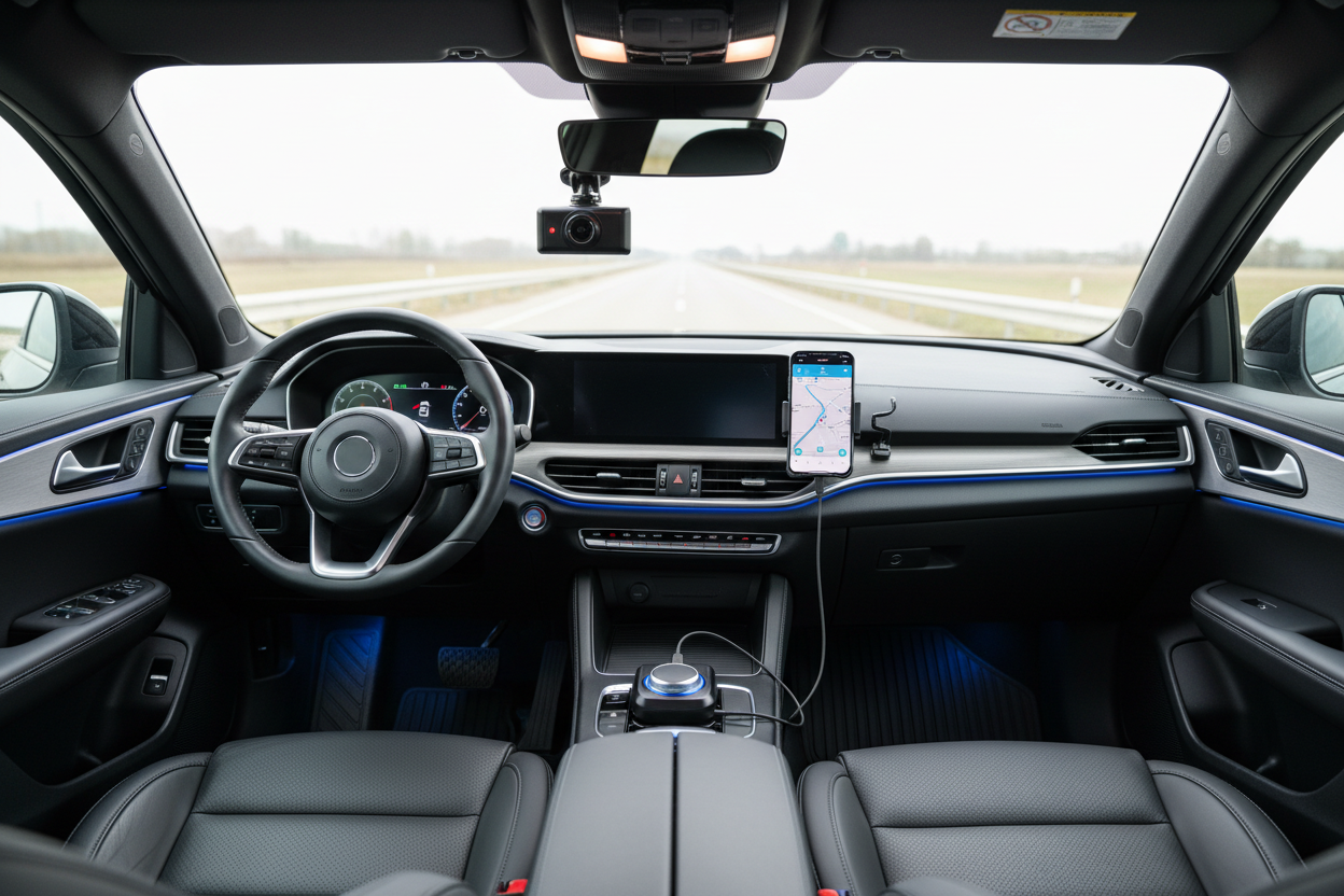 A clean vehicle interior showcasing smart automotive accessories such as a dash cam, phone mount, Bluetooth adapter, and LED ambient lighting in use.