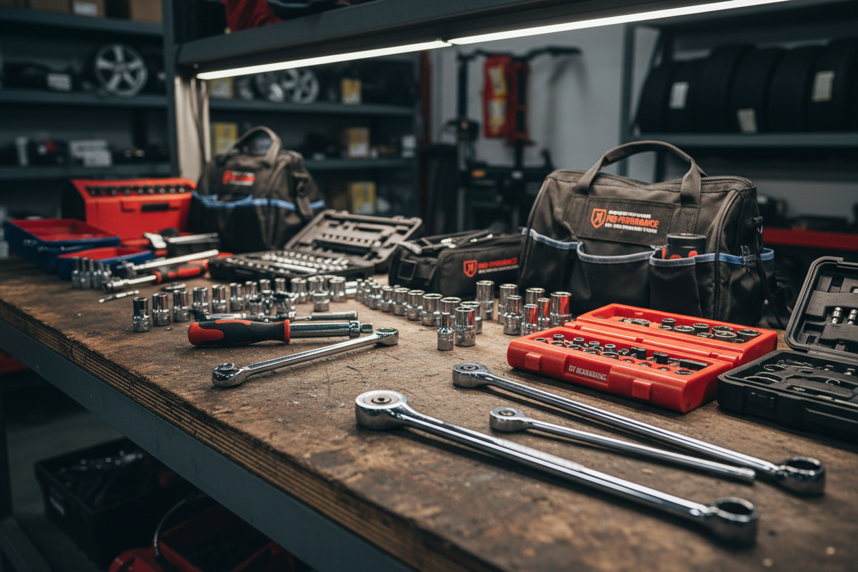 A close-up shot of durable car maintenance tools laid out on a garage work surface, showcasing socket sets, torque wrenches, magnetic tool organizers, and portable tool kits designed for DIY repairs and professional-grade performance.