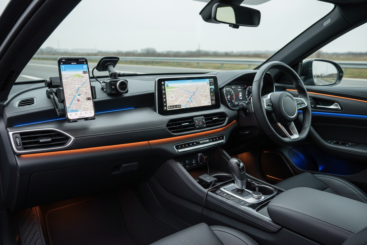 A lifestyle image of a vehicle interior equipped with smart automotive accessories such as a dash cam, phone mount, Bluetooth adapter, and LED lighting, highlighting convenience, safety, and modern driving technology.