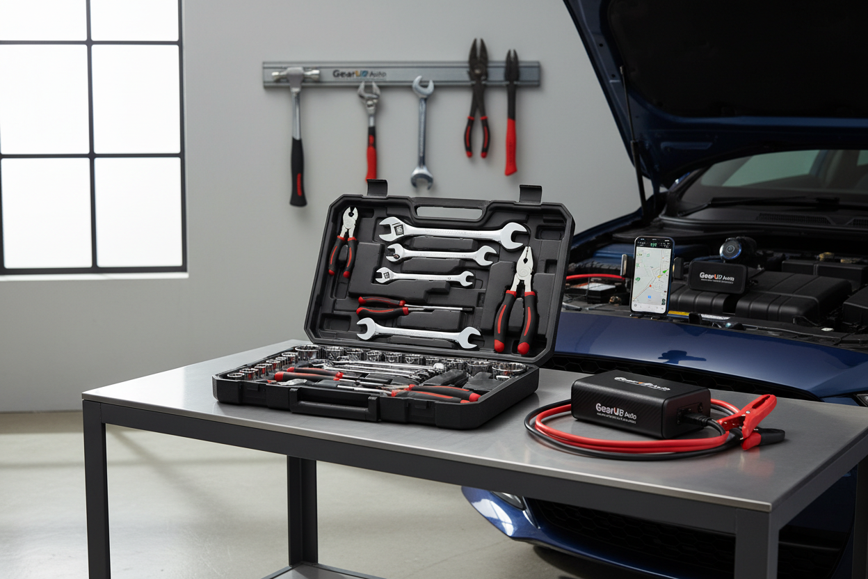 A modern garage or workspace setup with a selection of GearUp Auto products:

Multi-purpose car tool kit

Portable jump starter

Magnetic tool organizer

Car phone mount

Smart dash cam in use

Natural lighting, clean background, and products displayed in action or neatly arranged.