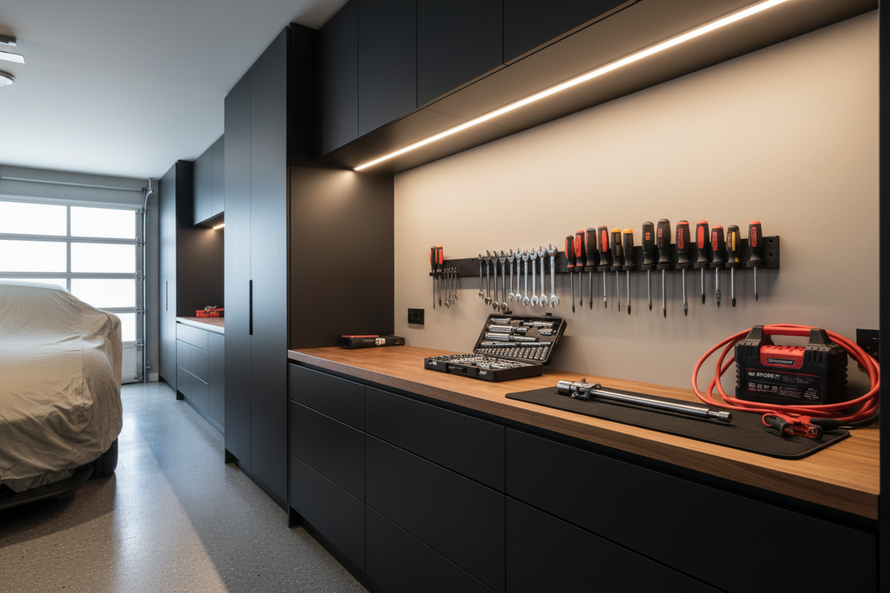 A modern home garage scene with essential automotive tools neatly arranged on a workbench, including a socket set, torque wrench, portable jump starter, and magnetic tool organizer.