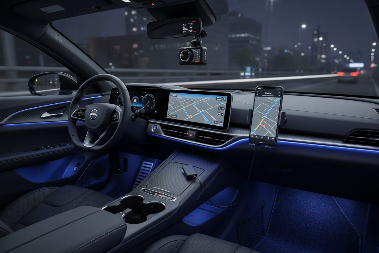 A modern vehicle interior showcasing smart automotive accessories such as a dash cam, phone mount, Bluetooth adapter, and LED ambient lighting in use.