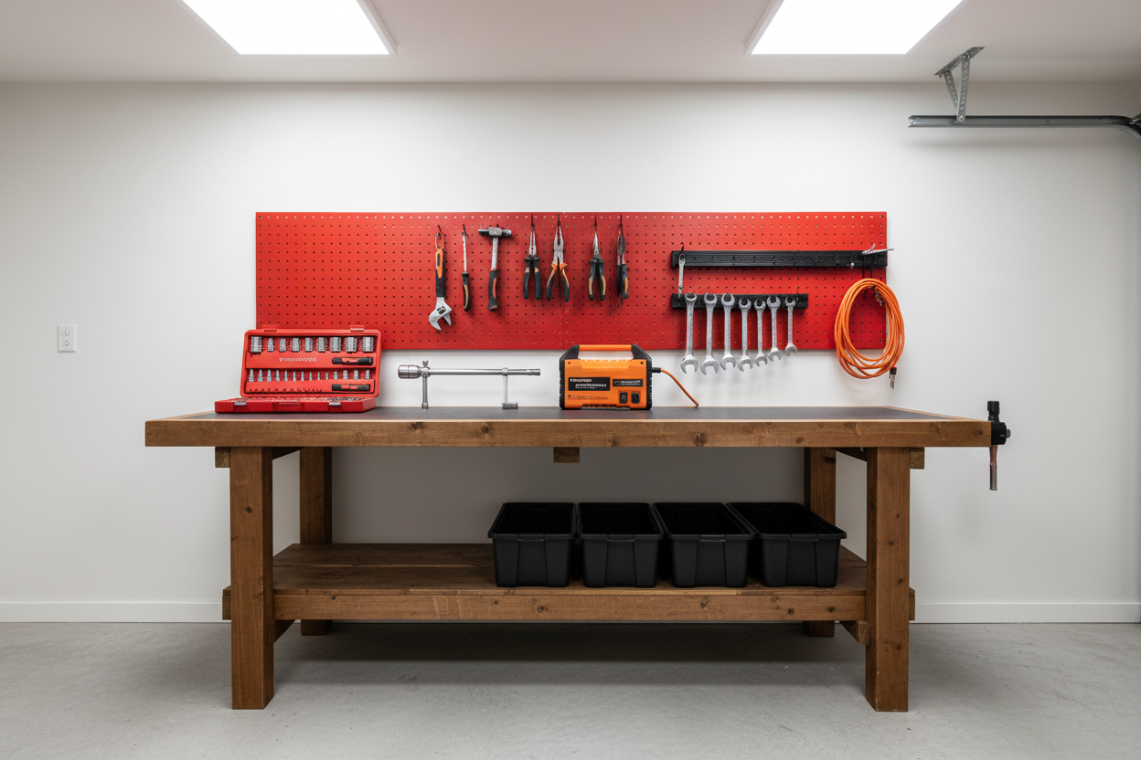 A well-lit home garage featuring essential automotive tools neatly organized on a workbench, including a socket set, torque wrench, portable jump starter, and magnetic tool rack.