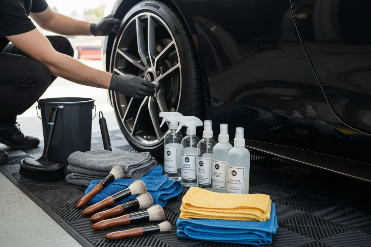 Hands using premium car care products beside a vehicle, featuring detailing brushes, microfiber towels, cleaning sprays, and tire care tools.